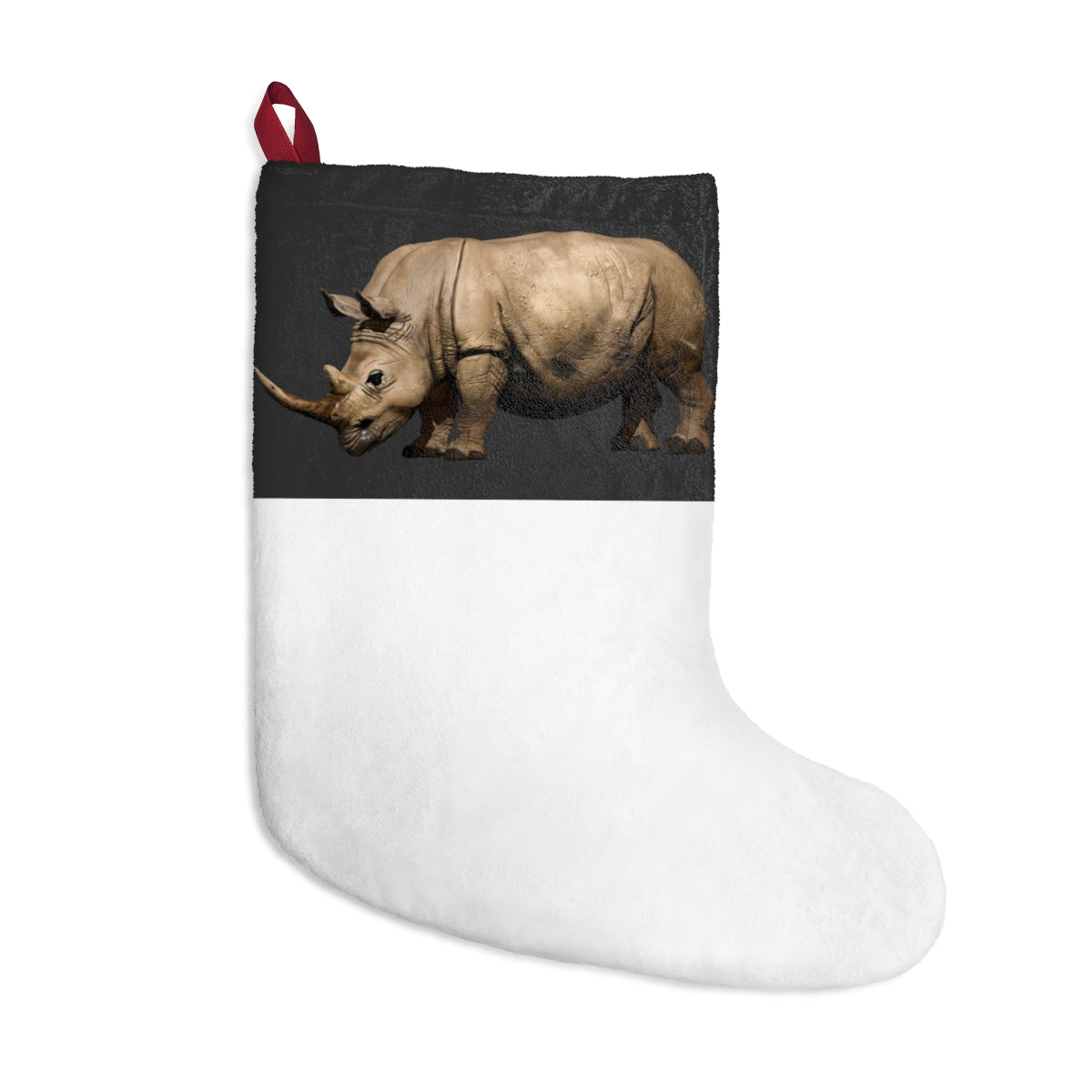 Personalized Rhino Christmas Stockings hanging by a fireplace, showcasing festive designs and soft fleece material.