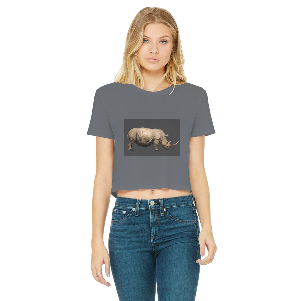 Rhino Classic Women's Cropped Raw Edge T-Shirt in various colors, showcasing the raw edge hem and soft cotton fabric.