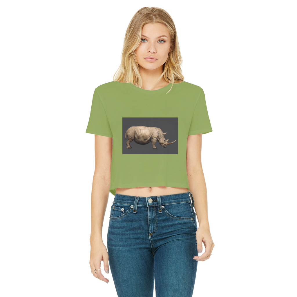 Rhino Classic Women's Cropped Raw Edge T-Shirt in various colors, showcasing the raw edge hem and soft cotton fabric.