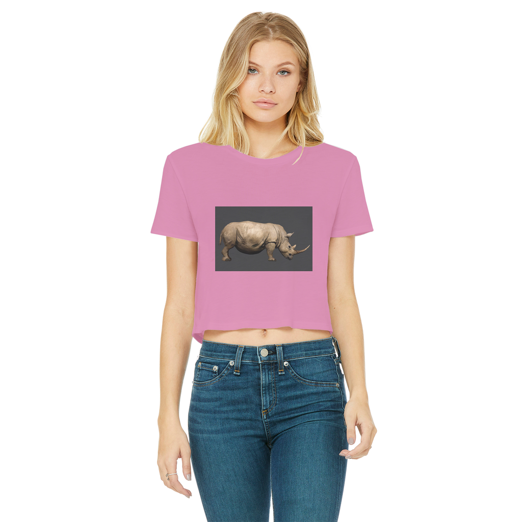 Rhino Classic Women's Cropped Raw Edge T-Shirt in various colors, showcasing the raw edge hem and soft cotton fabric.