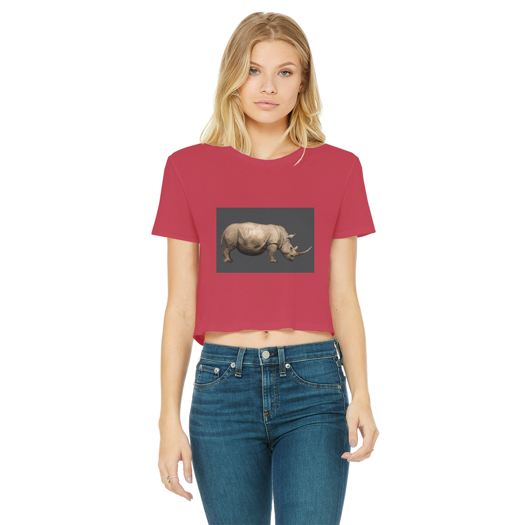 Rhino Classic Women's Cropped Raw Edge T-Shirt in various colors, showcasing the raw edge hem and soft cotton fabric.