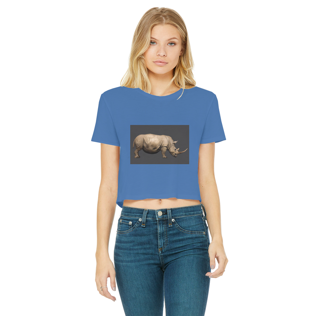 Rhino Classic Women's Cropped Raw Edge T-Shirt in various colors, showcasing the raw edge hem and soft cotton fabric.