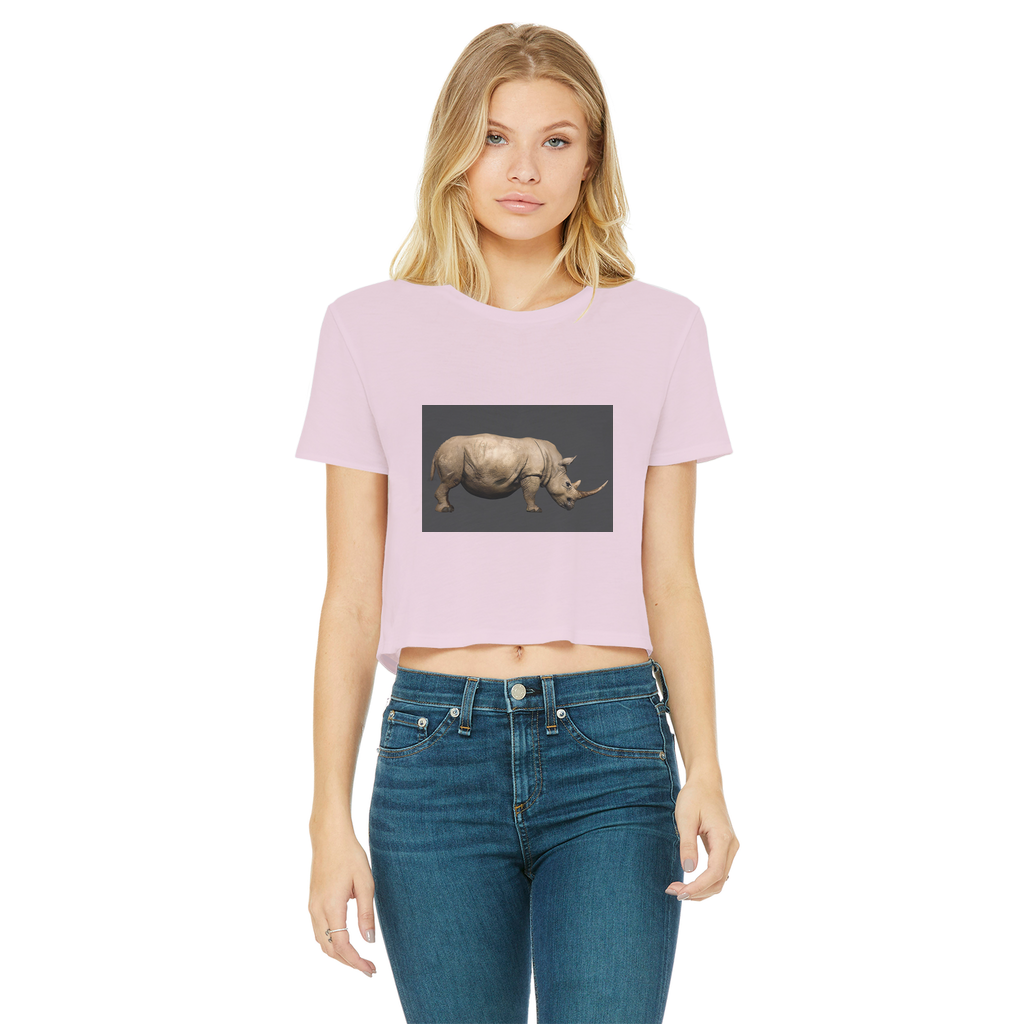 Rhino Classic Women's Cropped Raw Edge T-Shirt in various colors, showcasing the raw edge hem and soft cotton fabric.