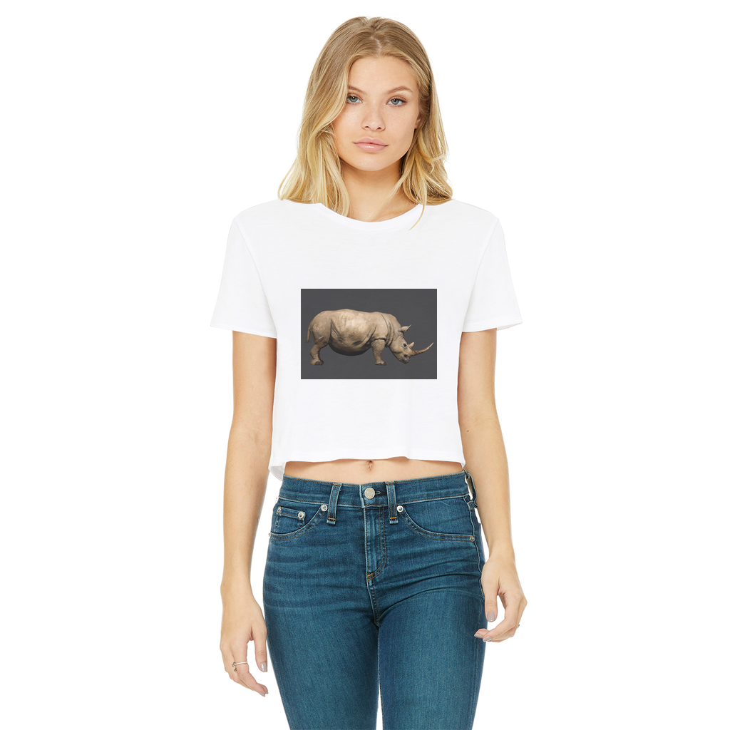 Rhino Classic Women's Cropped Raw Edge T-Shirt in various colors, showcasing the raw edge hem and soft cotton fabric.