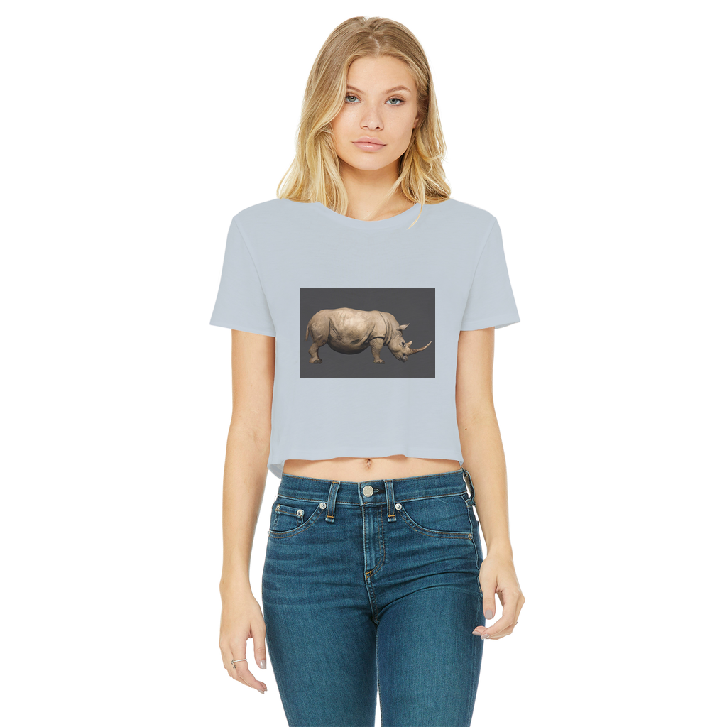 Rhino Classic Women's Cropped Raw Edge T-Shirt in various colors, showcasing the raw edge hem and soft cotton fabric.