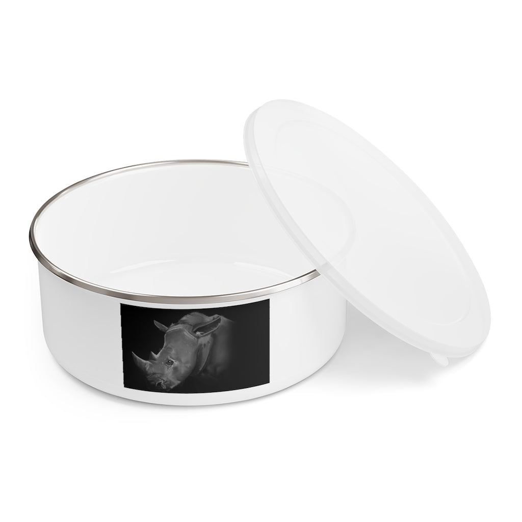 Rhino Enamel Bowl made of stainless steel with a translucent plastic lid, showcasing a stylish hipster chic design.