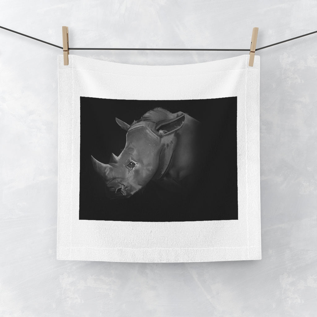 Rhino Face Towel featuring a vibrant custom print on a soft polyester front and absorbent cotton back, ideal for personal use.