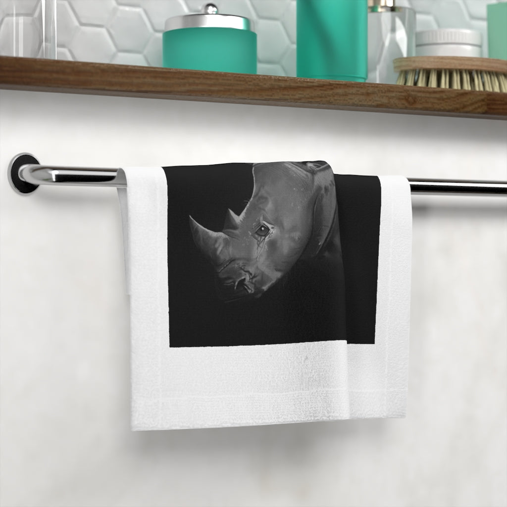 Rhino Face Towel featuring a vibrant custom print on a soft polyester front and absorbent cotton back, ideal for personal use.