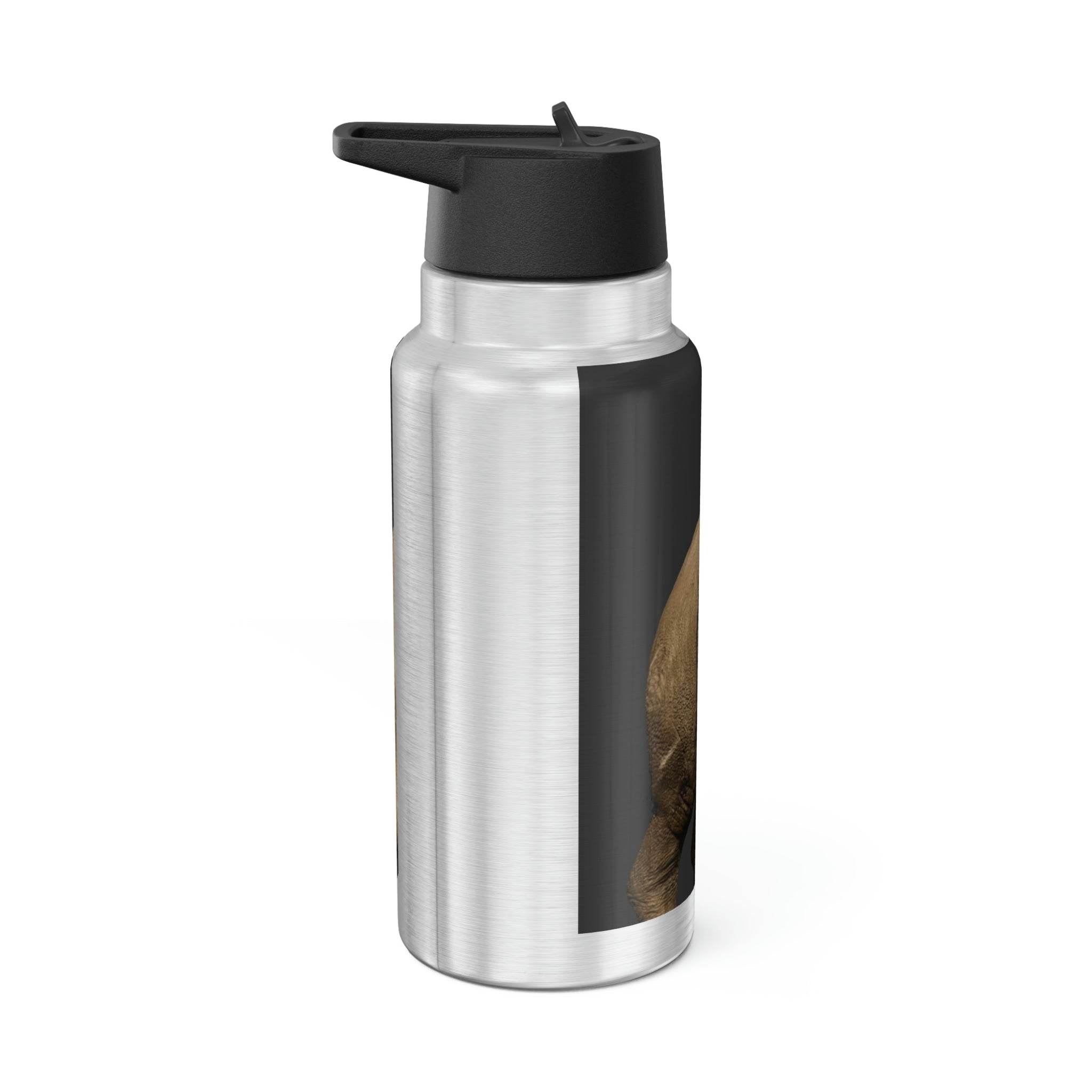Rhino Gator Tumbler in stainless steel with a black screw-on cap and plastic straw, showcasing a customizable design.