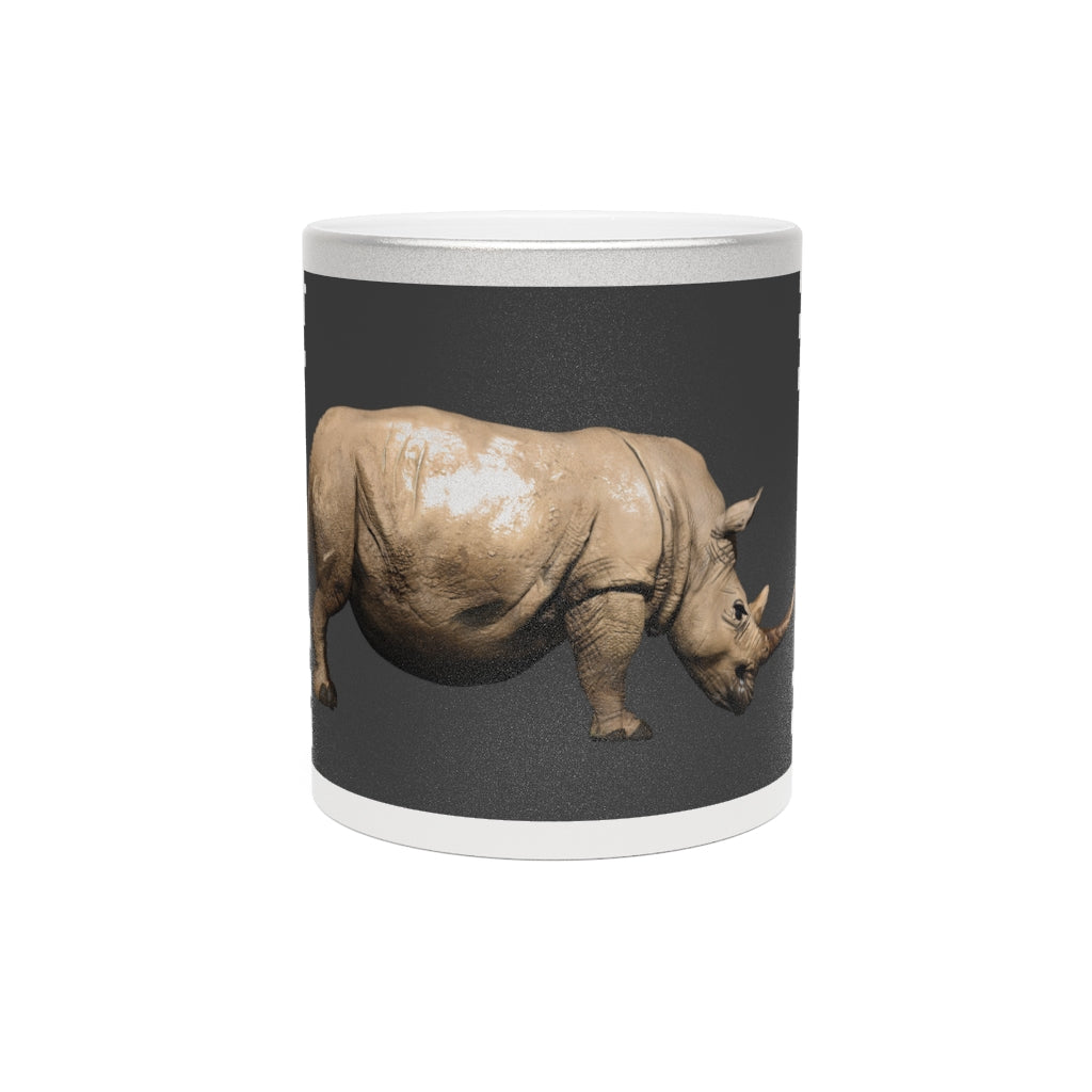 Rhino Metallic Mug in Silver and Gold with personalized designs, showcasing a C-handle and ceramic finish.