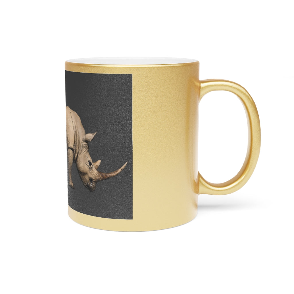Rhino Metallic Mug in Silver and Gold with personalized designs, showcasing a C-handle and ceramic finish.