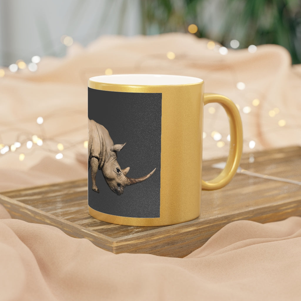 Rhino Metallic Mug in Silver and Gold with personalized designs, showcasing a C-handle and ceramic finish.
