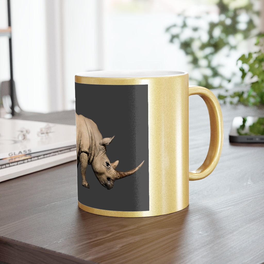 Rhino Metallic Mug in Silver and Gold with personalized designs, showcasing a C-handle and ceramic finish.