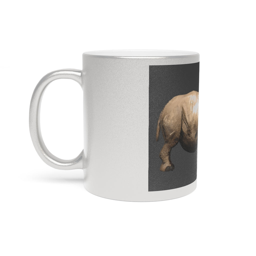 Rhino Metallic Mug in Silver and Gold with personalized designs, showcasing a C-handle and ceramic finish.