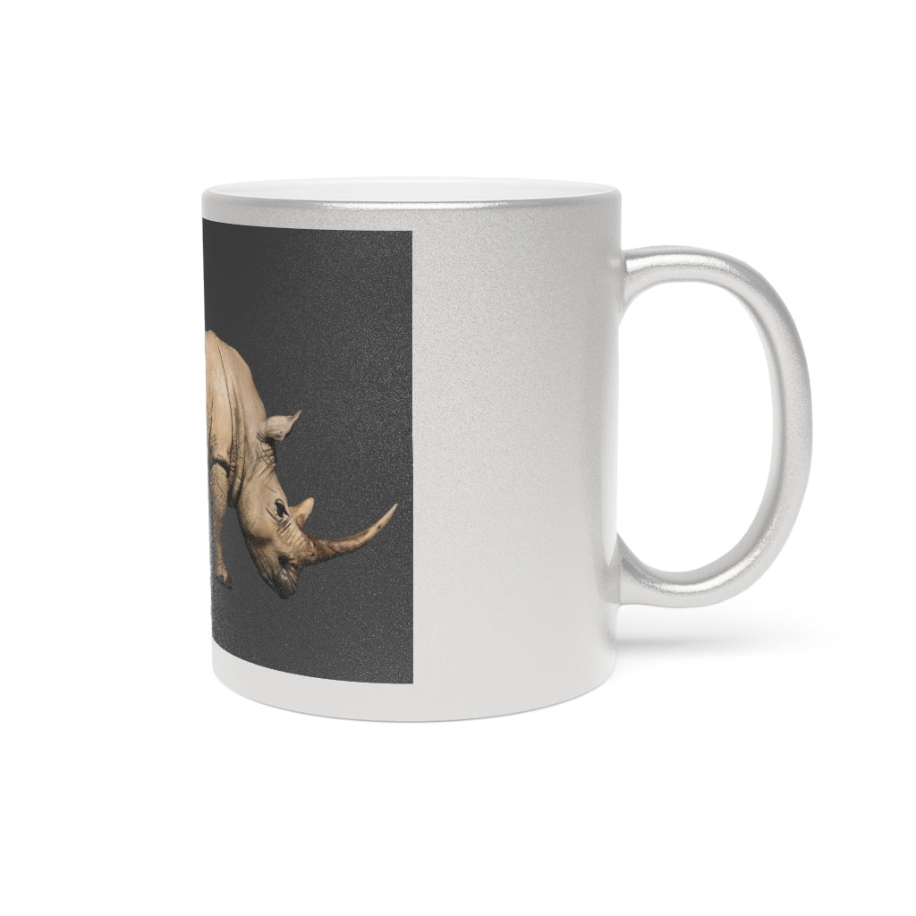 Rhino Metallic Mug in Silver and Gold with personalized designs, showcasing a C-handle and ceramic finish.
