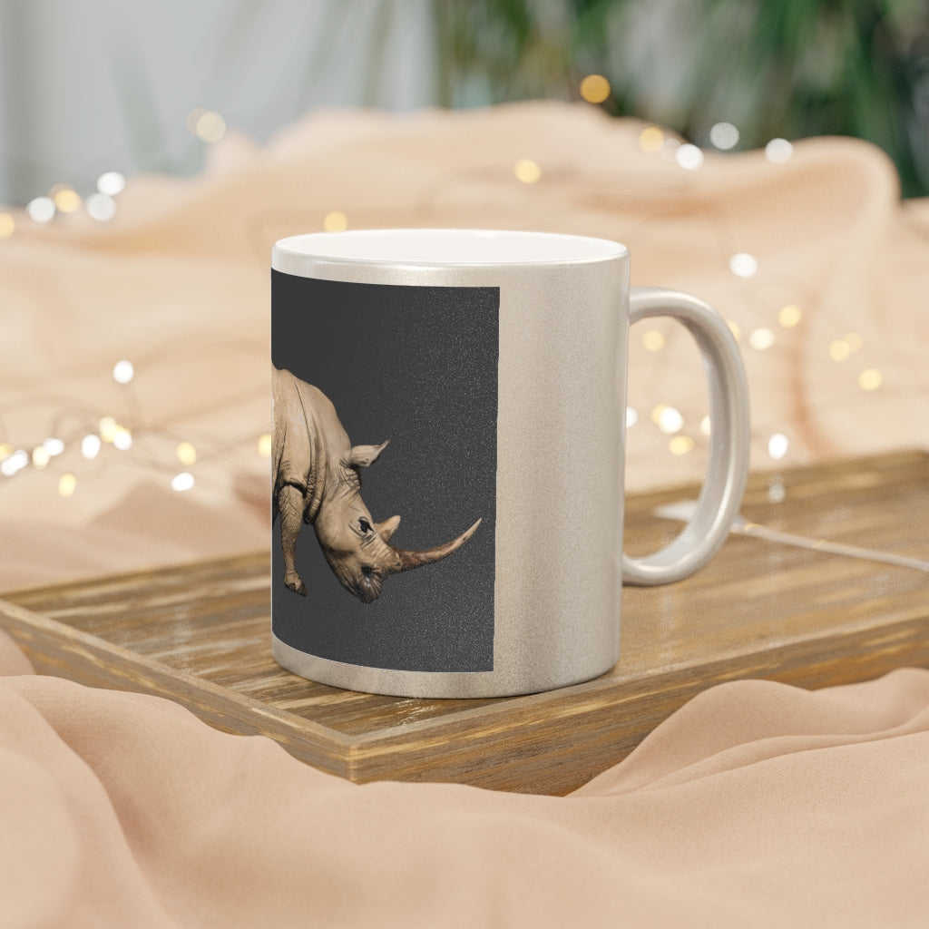 Rhino Metallic Mug in Silver and Gold with personalized designs, showcasing a C-handle and ceramic finish.