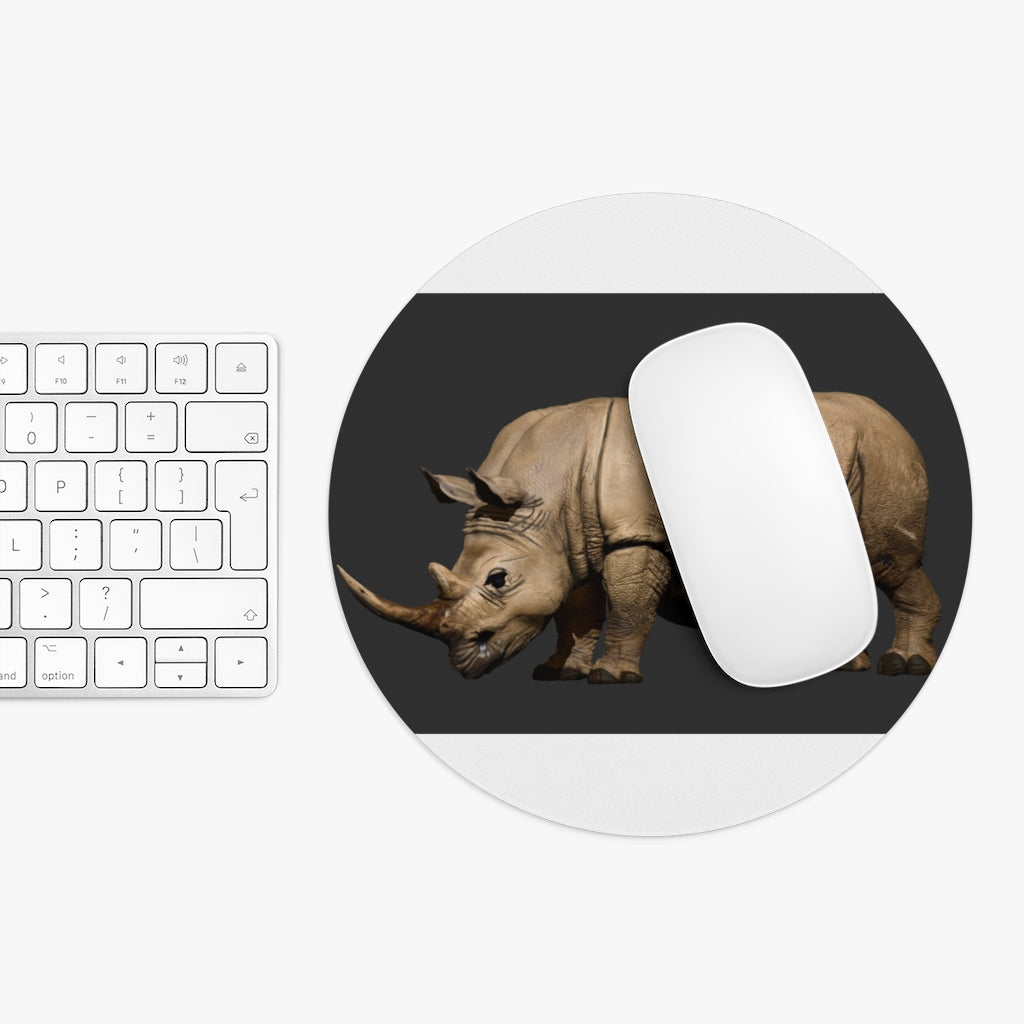 Rhino Mouse Pad in round and rectangular shapes, featuring vibrant neoprene material and a non-slip rubber bottom.