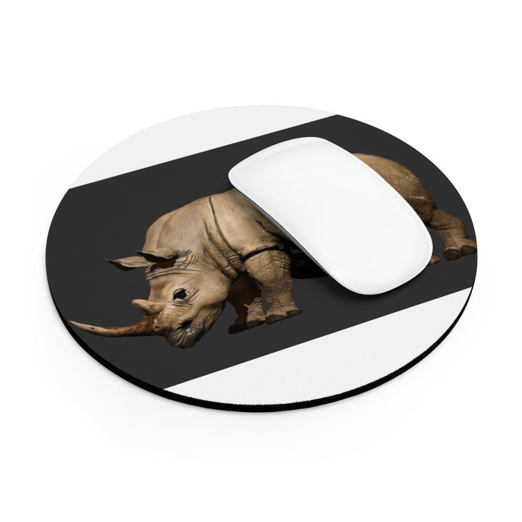 Rhino Mouse Pad in round and rectangular shapes, featuring vibrant neoprene material and a non-slip rubber bottom.