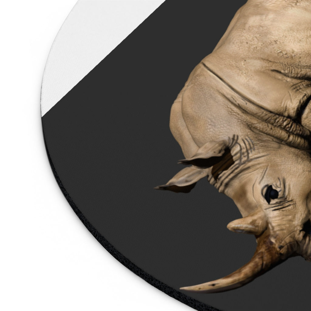 Rhino Mouse Pad in round and rectangular shapes, featuring vibrant neoprene material and a non-slip rubber bottom.