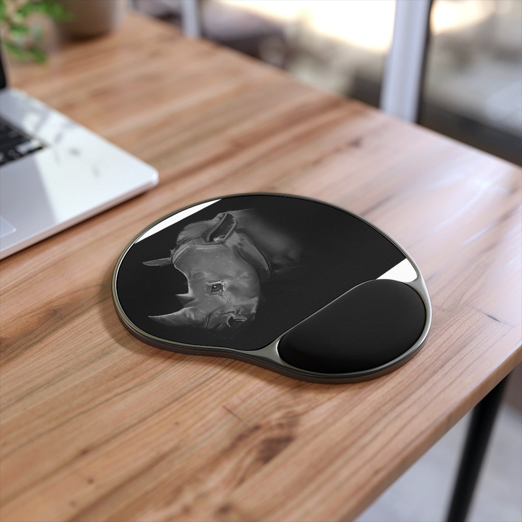 Rhino Mouse Pad with ergonomic Memory Foam wrist rest and customizable neoprene insert, featuring a foot-shaped black plastic base.