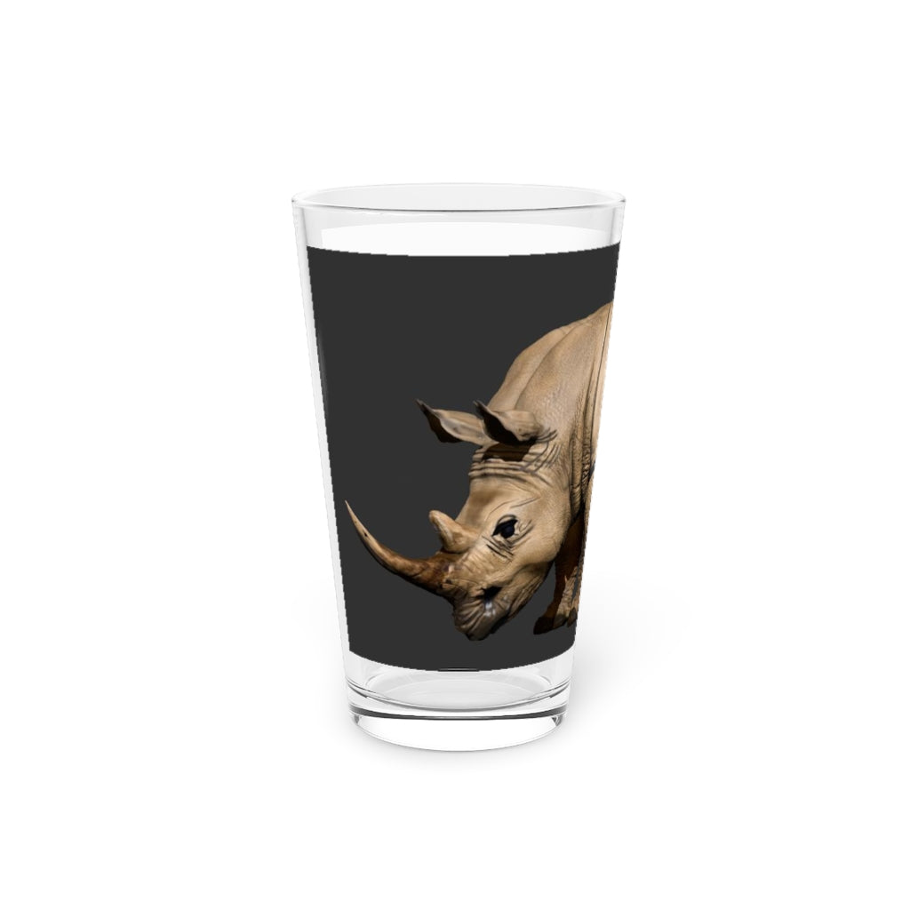 Rhino Pint Glass, 16oz, clear glass with custom printing options, ideal for beverages and gifts.
