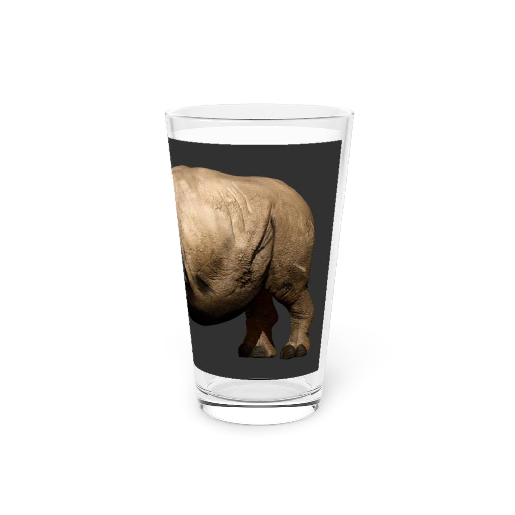Rhino Pint Glass, 16oz, clear glass with custom printing options, ideal for beverages and gifts.