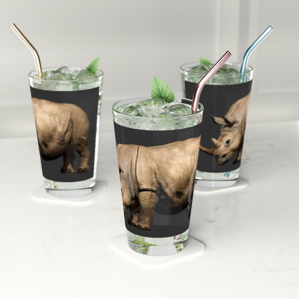 Rhino Pint Glass, 16oz, clear glass with custom printing options, ideal for beverages and gifts.