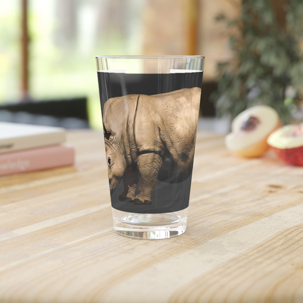 Rhino Pint Glass, 16oz, clear glass with custom printing options, ideal for beverages and gifts.