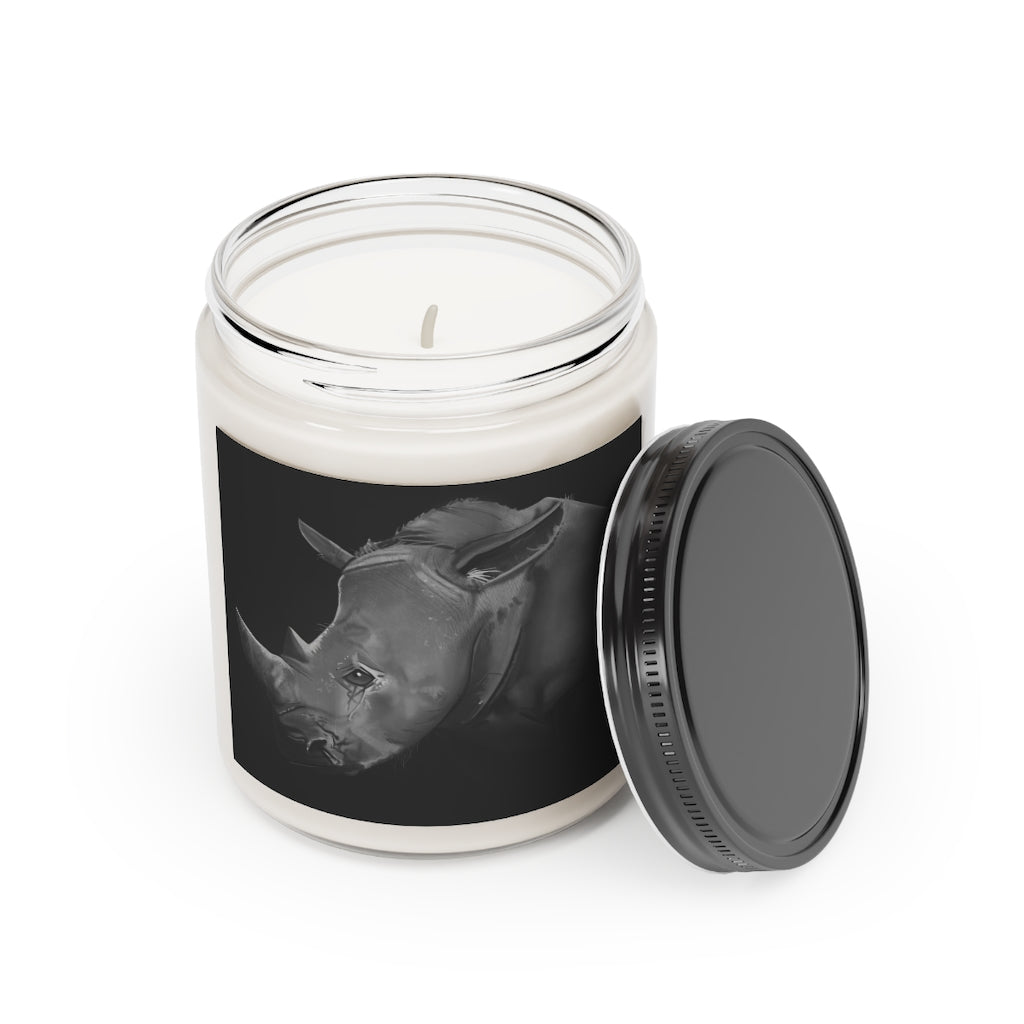 Rhino Scented Candle in a glass container, featuring a permanent label, showcasing its soothing Cinnamon Stick and Vanilla fragrances.