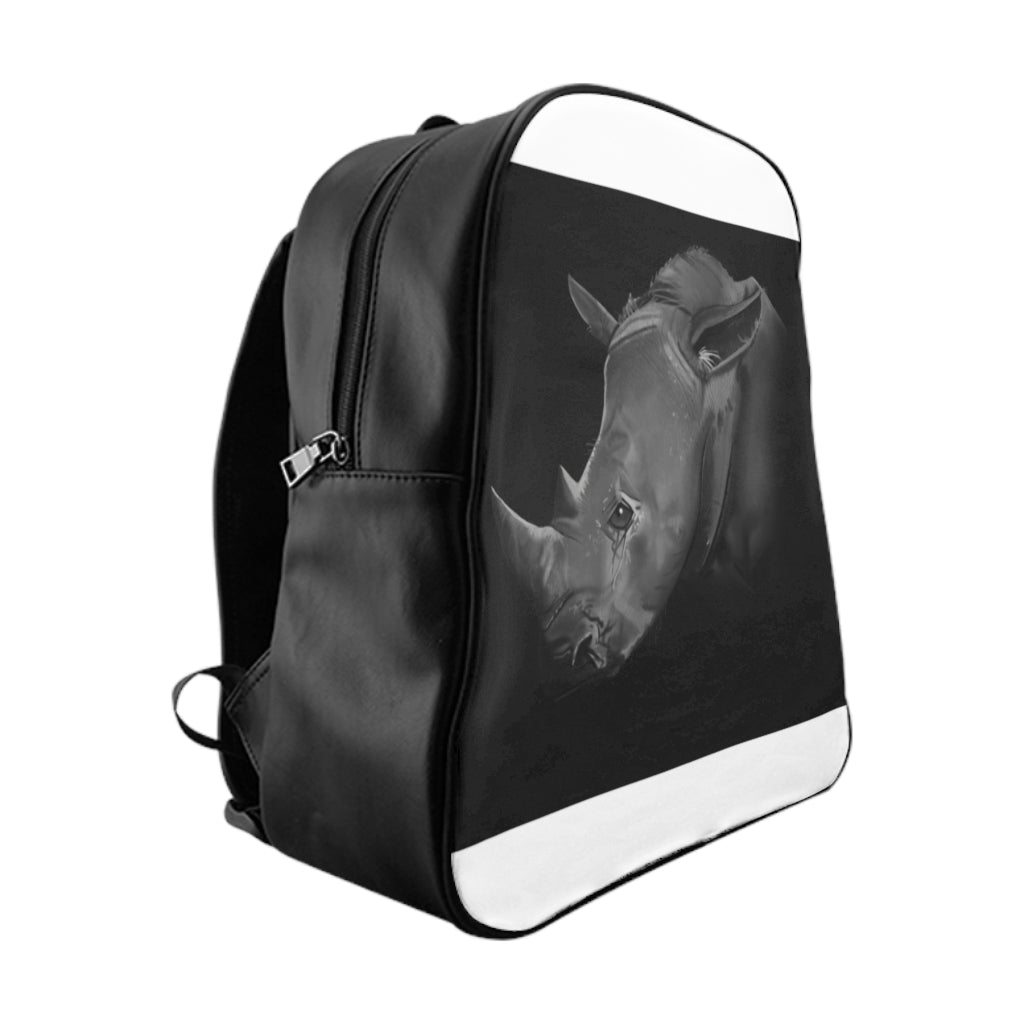 Rhino School Backpack made of PU leather with chocolate brown lining, featuring padded back and multiple inside pockets.
