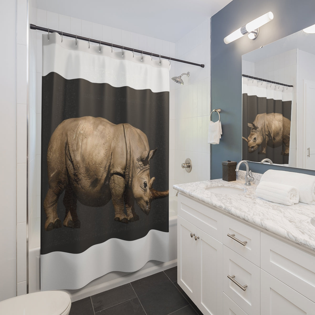A vibrant Rhino Shower Curtain made of durable polyester, showcasing unique designs and patterns, perfect for any bathroom decor.
