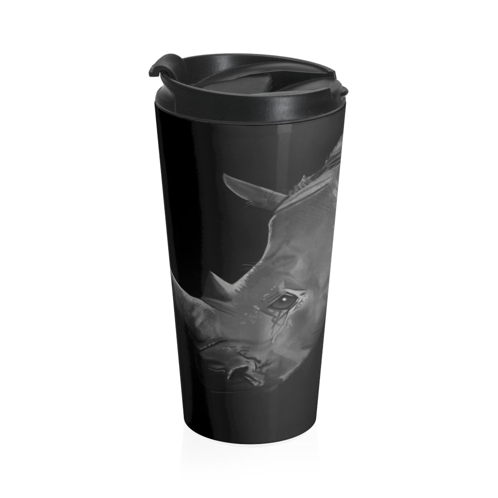 Rhino Stainless Steel Travel Mug with black lid, showcasing its sleek design and durable stainless steel body.