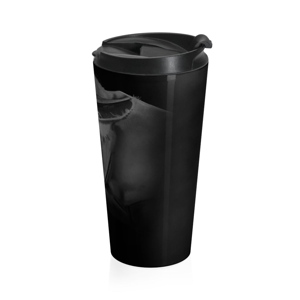 Rhino Stainless Steel Travel Mug with black lid, showcasing its sleek design and durable stainless steel body.