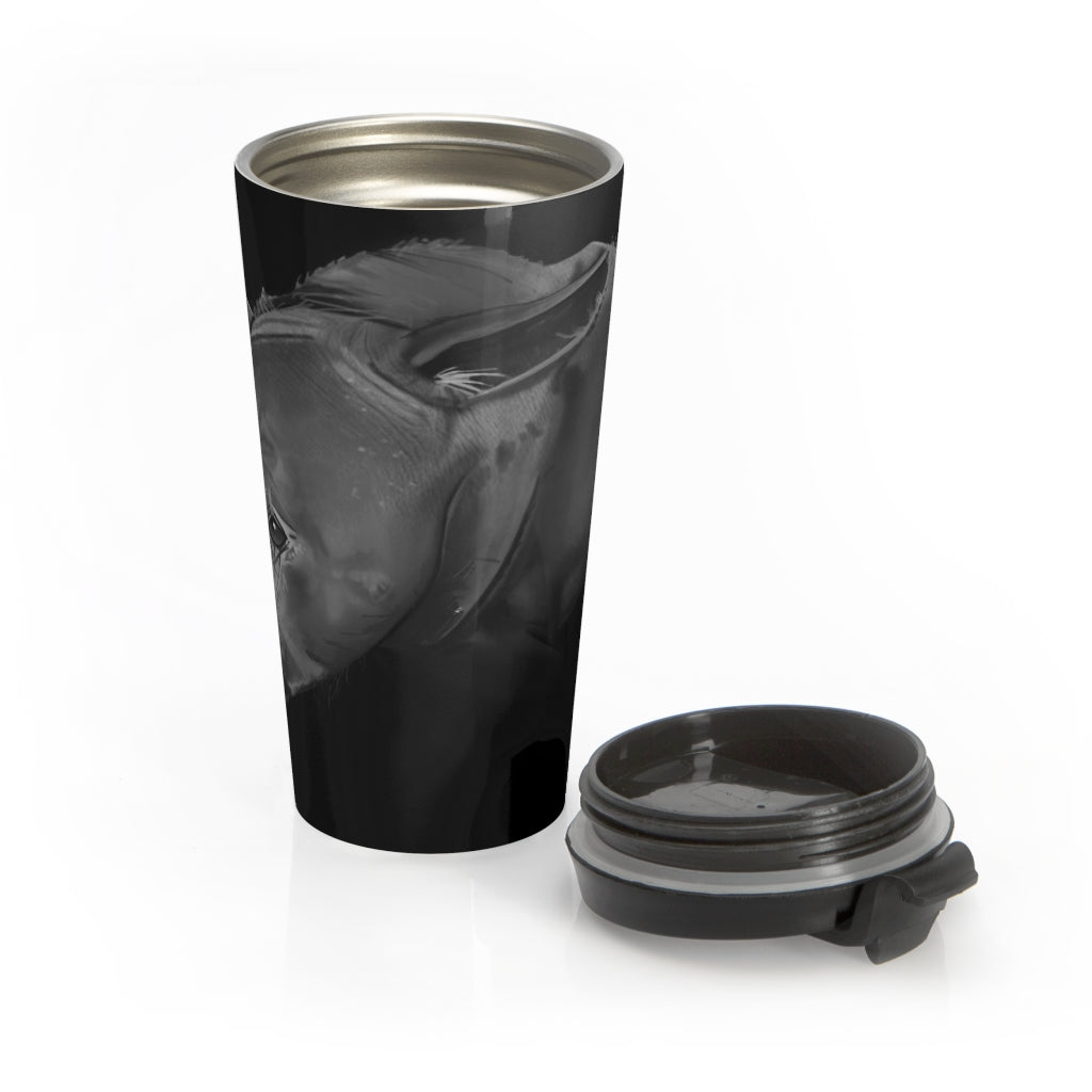 Rhino Stainless Steel Travel Mug with black lid, showcasing its sleek design and durable stainless steel body.
