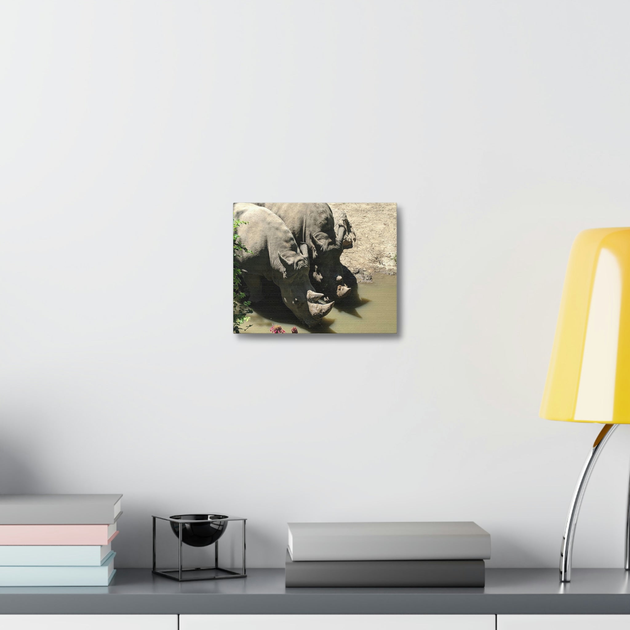 Rhino Stretched Canvas featuring vibrant artwork on a sturdy wooden frame, perfect for indoor decoration.