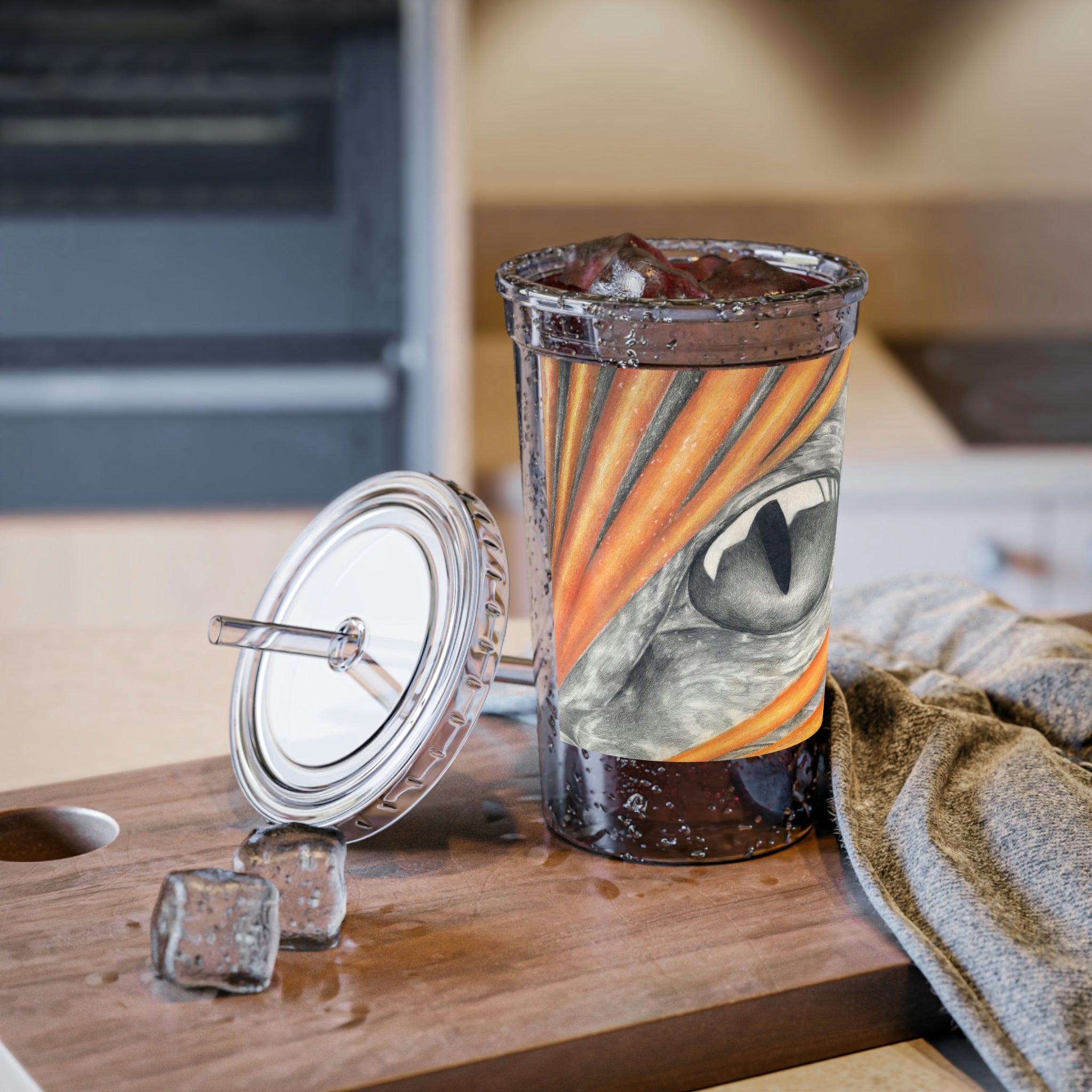 Rhino Suave Acrylic Cup with double-wall insulation, featuring a plastic lid and straw, ideal for hot and cold beverages.