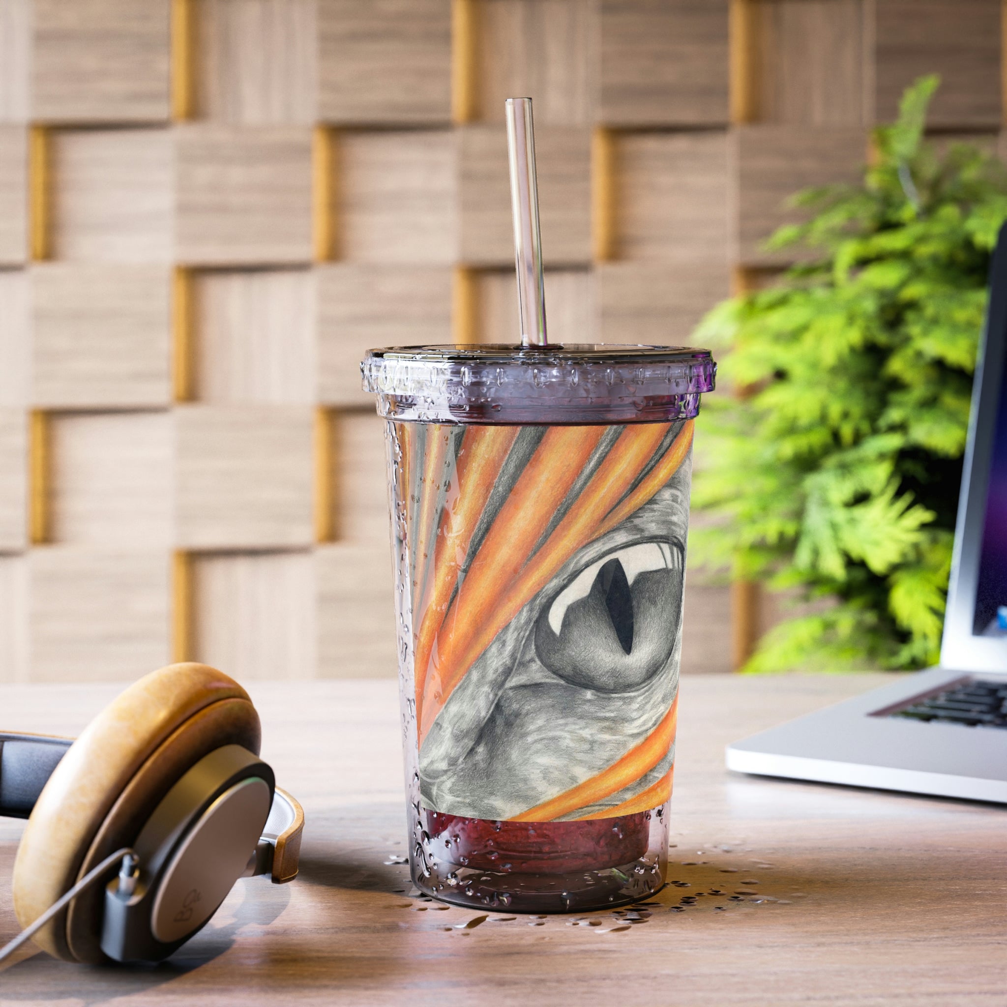 Rhino Suave Acrylic Cup with double-wall insulation, featuring a plastic lid and straw, ideal for hot and cold beverages.