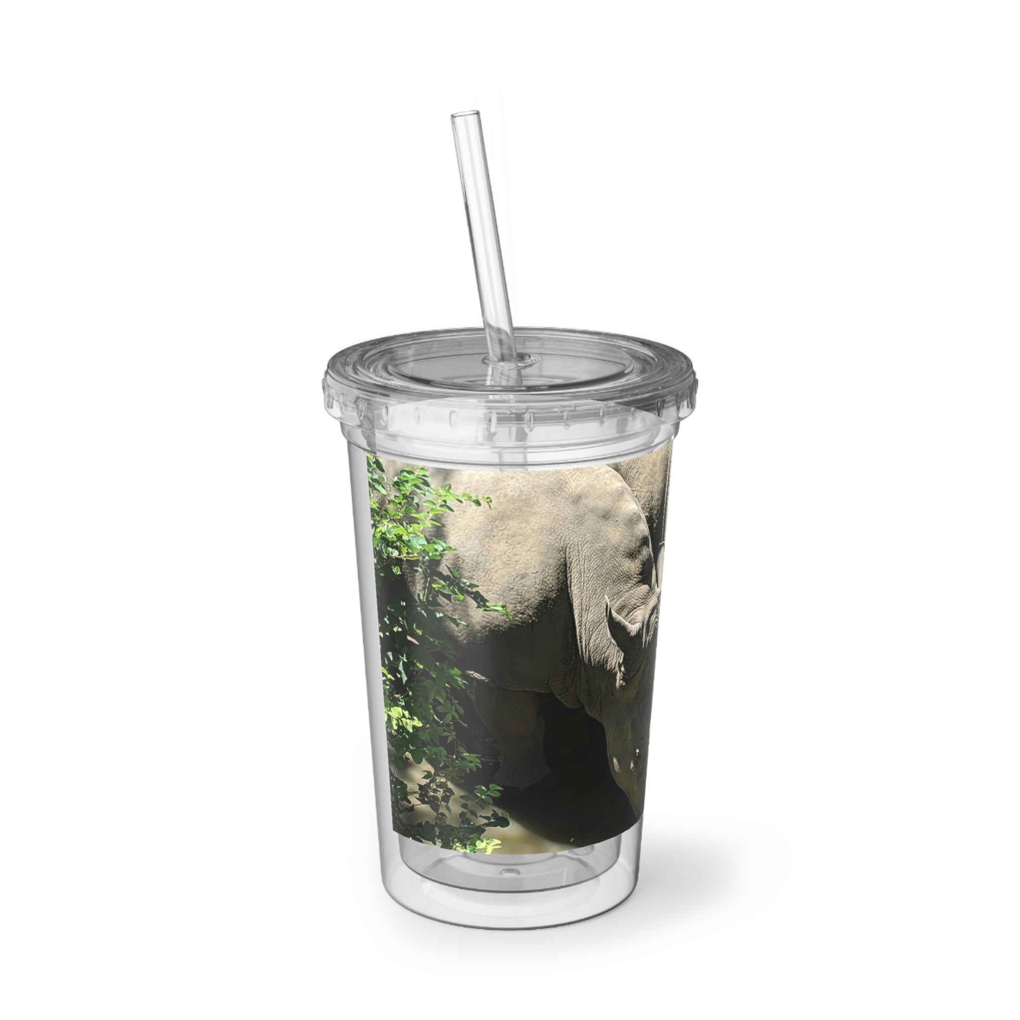 Rhino Suave Acrylic Cup in stainless steel with a black screw-on cap and plastic straw, showcasing a customizable design.