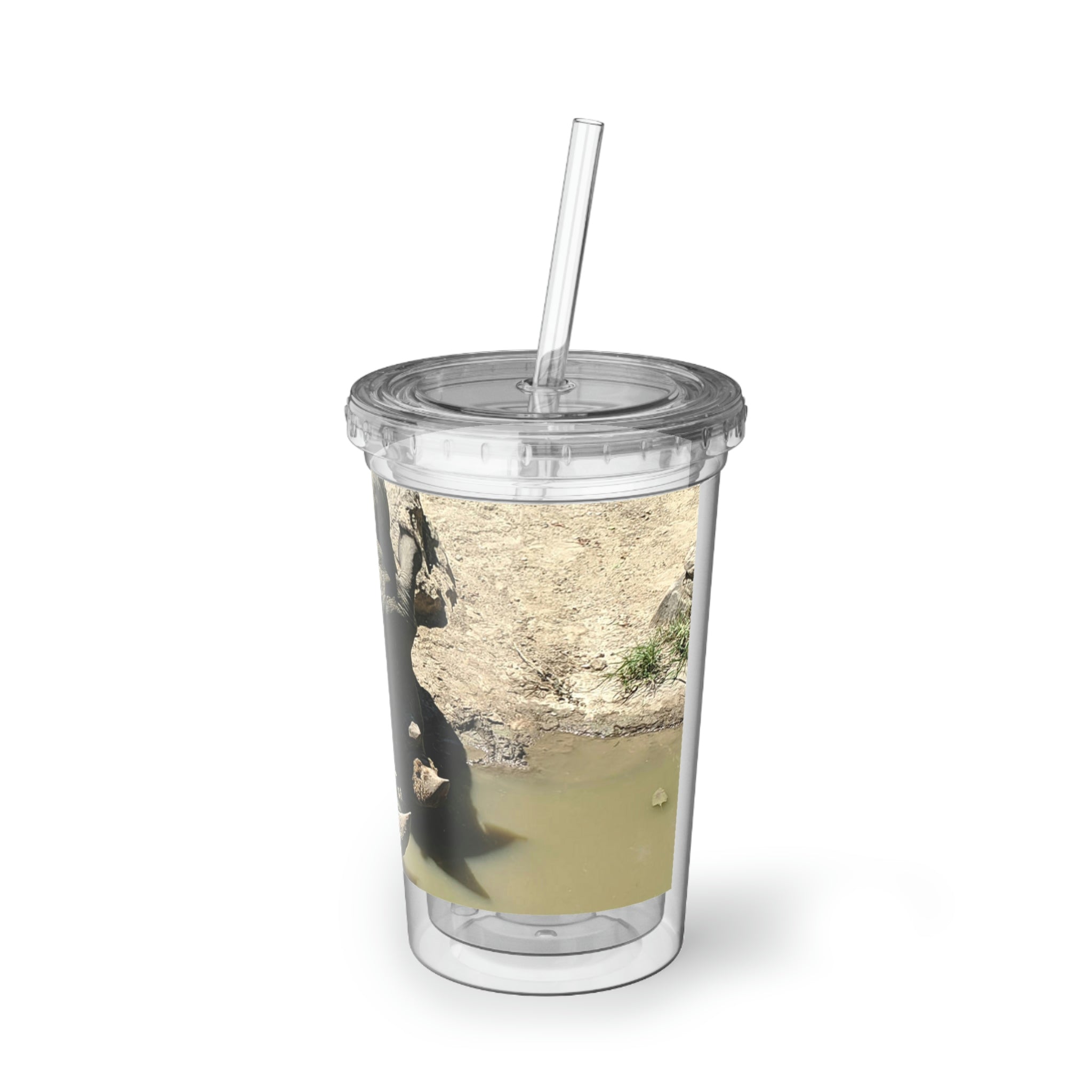 Rhino Suave Acrylic Cup in stainless steel with a black screw-on cap and plastic straw, showcasing a customizable design.