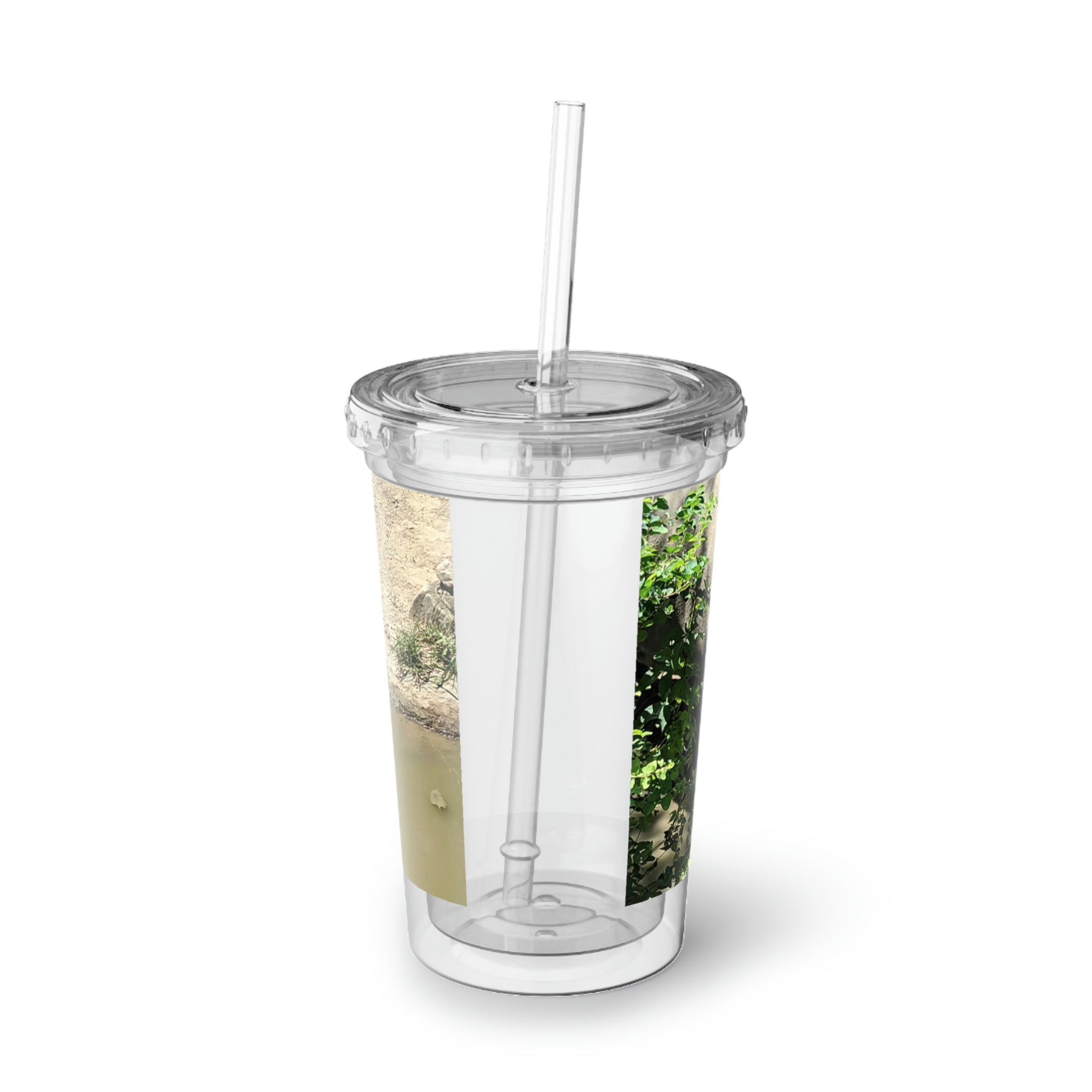 Rhino Suave Acrylic Cup in stainless steel with a black screw-on cap and plastic straw, showcasing a customizable design.