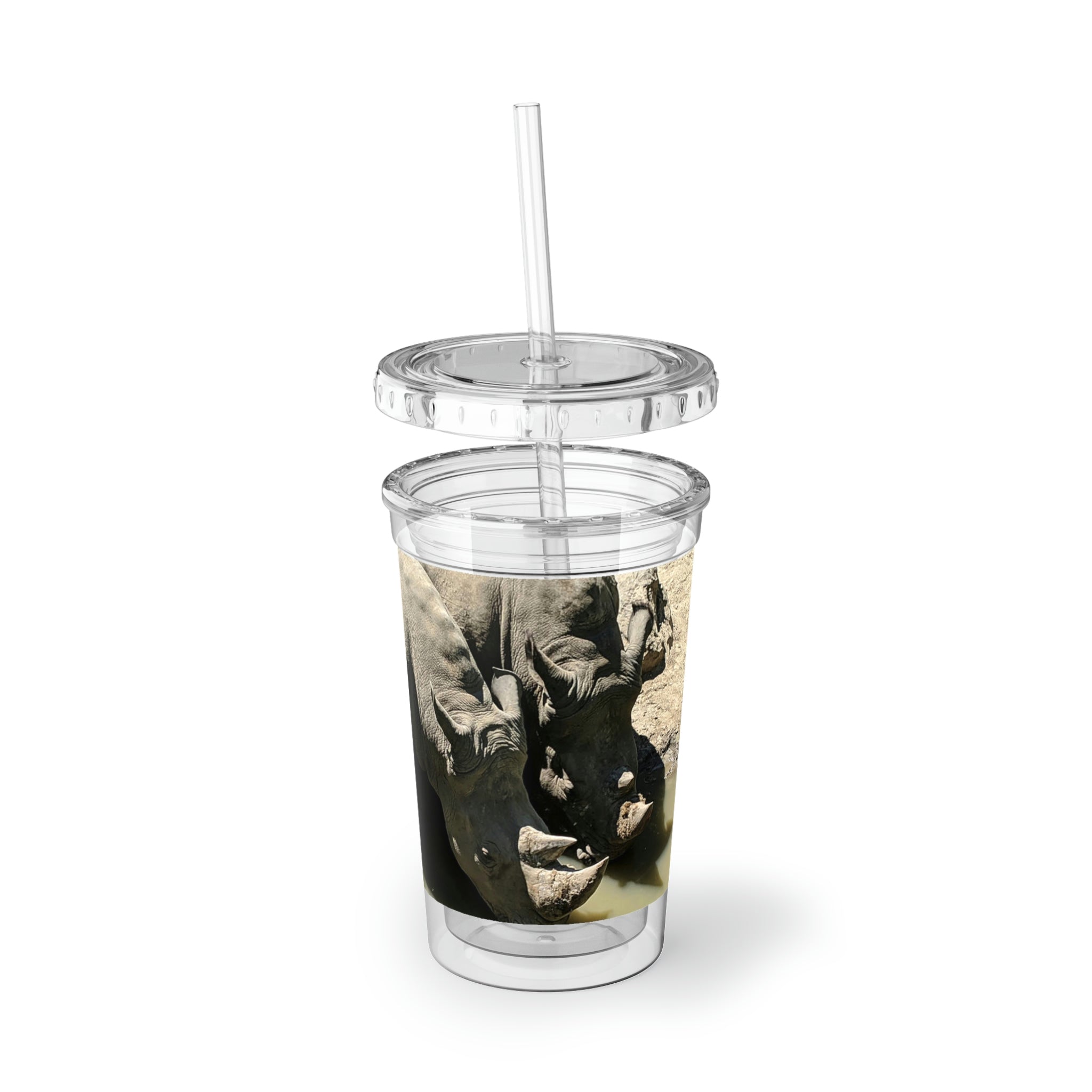 Rhino Suave Acrylic Cup in stainless steel with a black screw-on cap and plastic straw, showcasing a customizable design.