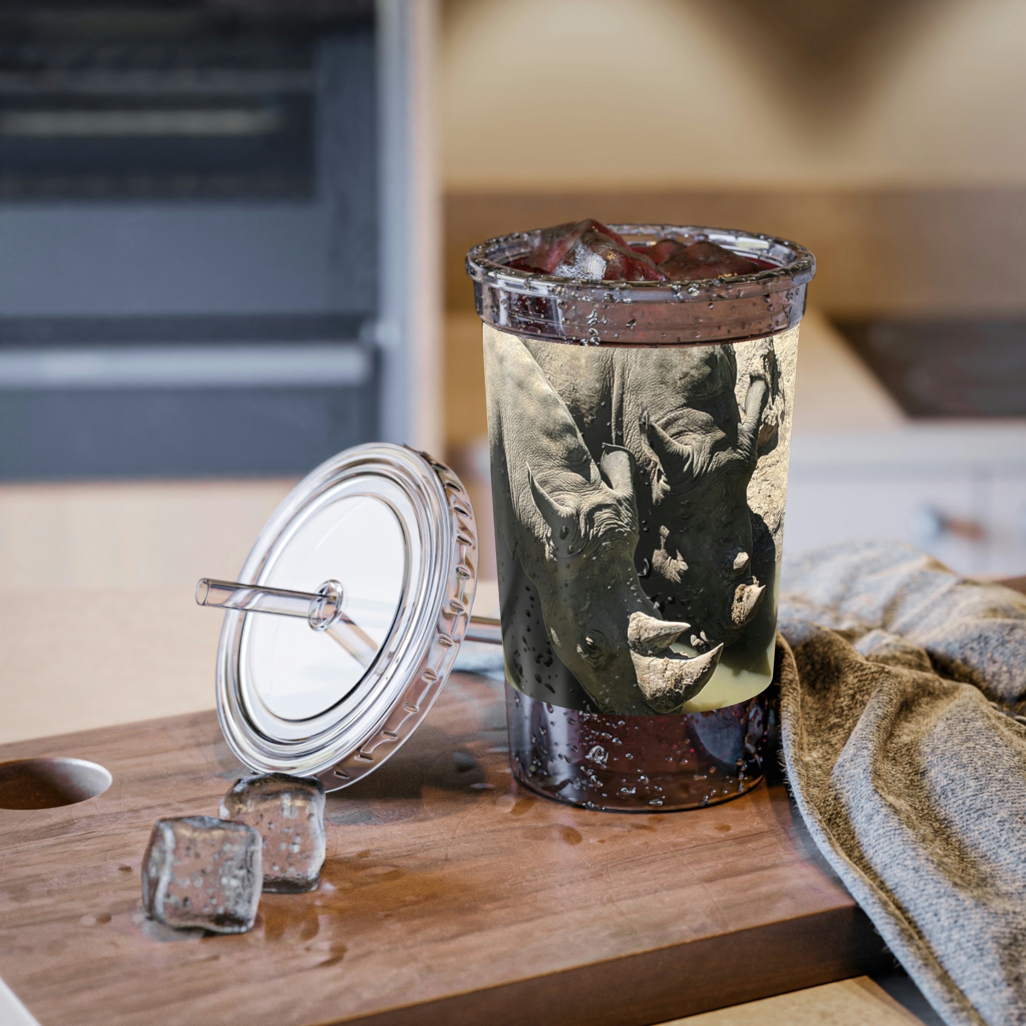 Rhino Suave Acrylic Cup in stainless steel with a black screw-on cap and plastic straw, showcasing a customizable design.