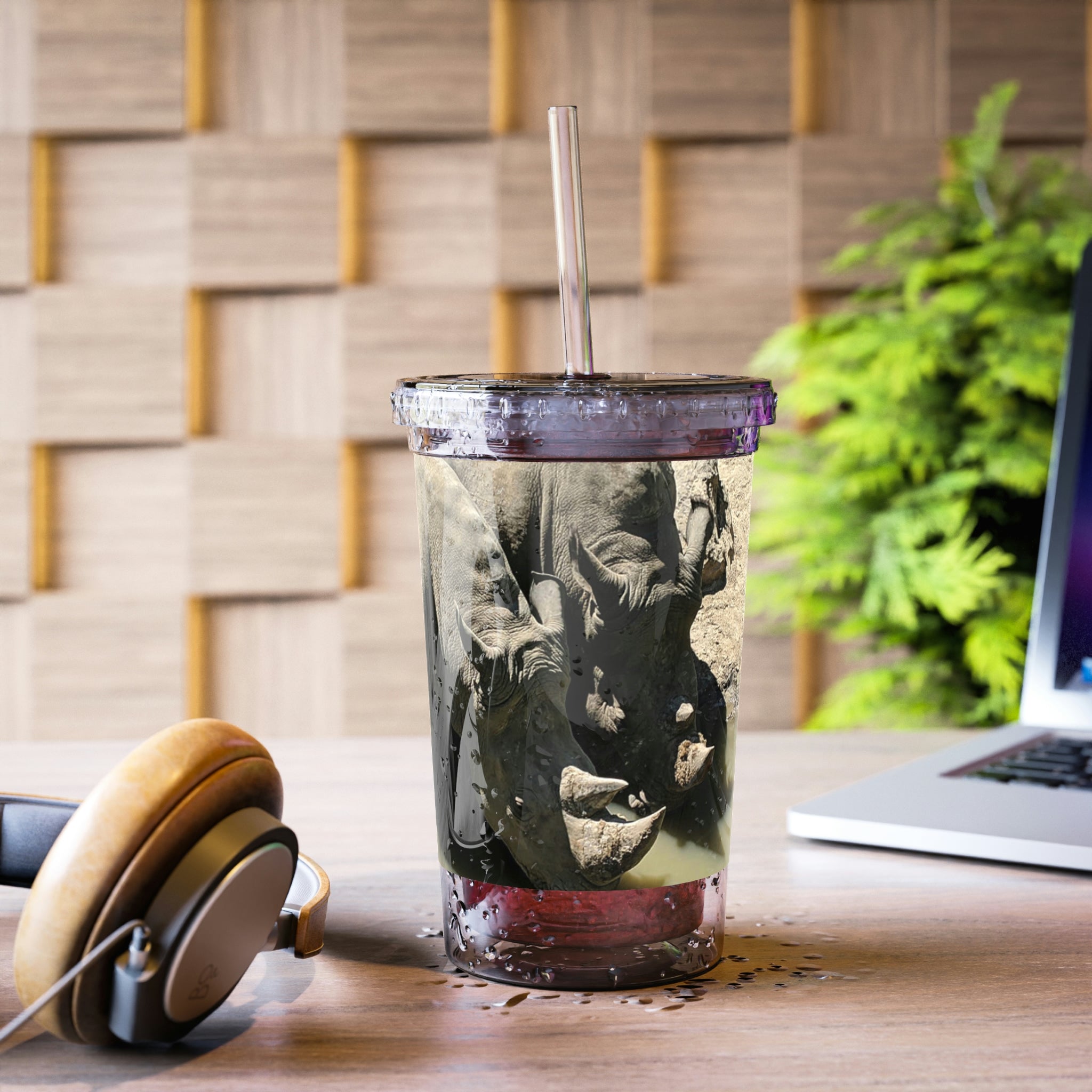 Rhino Suave Acrylic Cup in stainless steel with a black screw-on cap and plastic straw, showcasing a customizable design.