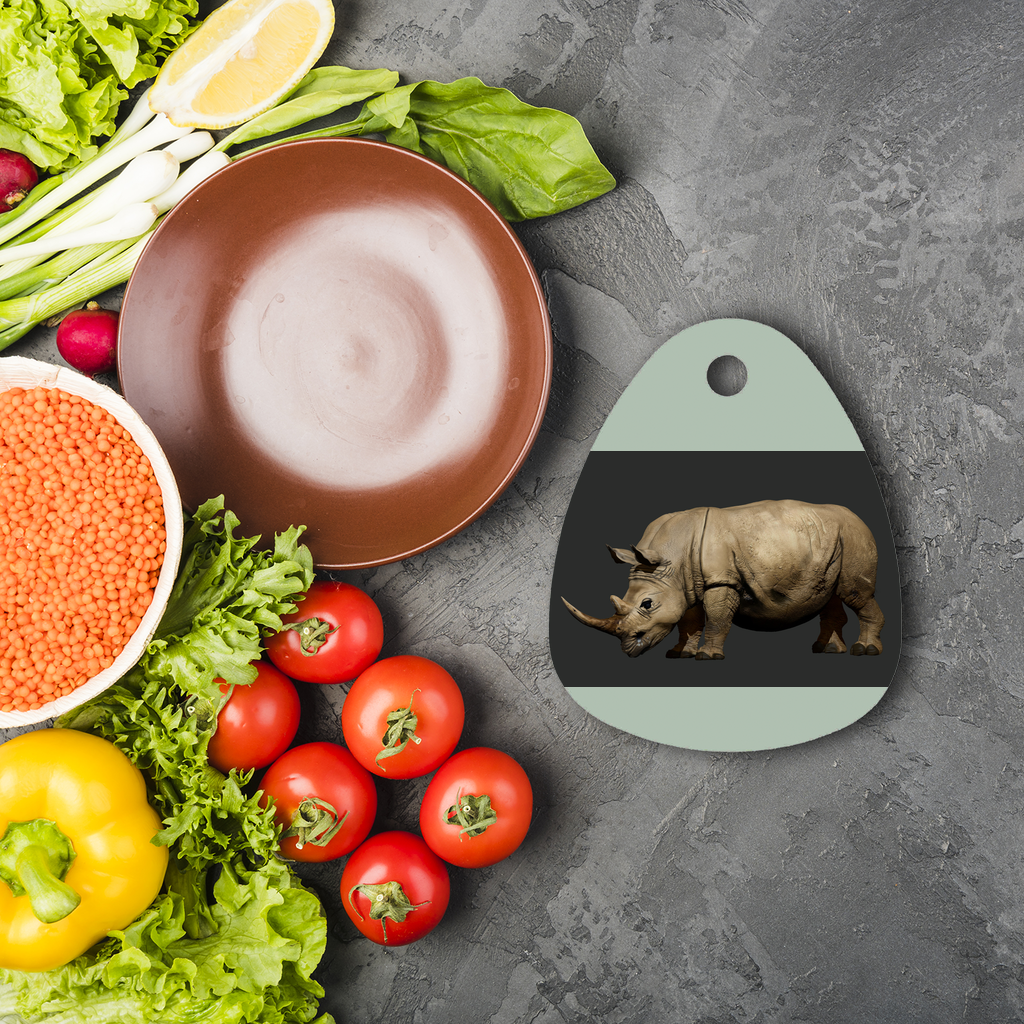Rhino Sublimation Glass Cutting Board in water droplet shape, showcasing vibrant custom designs and durable toughened glass material.