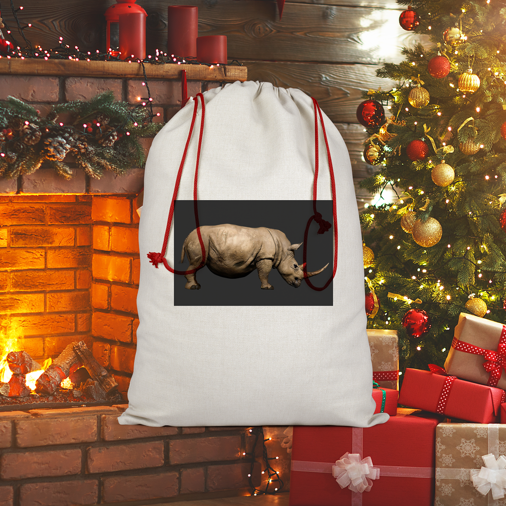 Rhino Sublimation Linen Drawstring Sack with red drawstring, showcasing its linen effect and eco-friendly print.