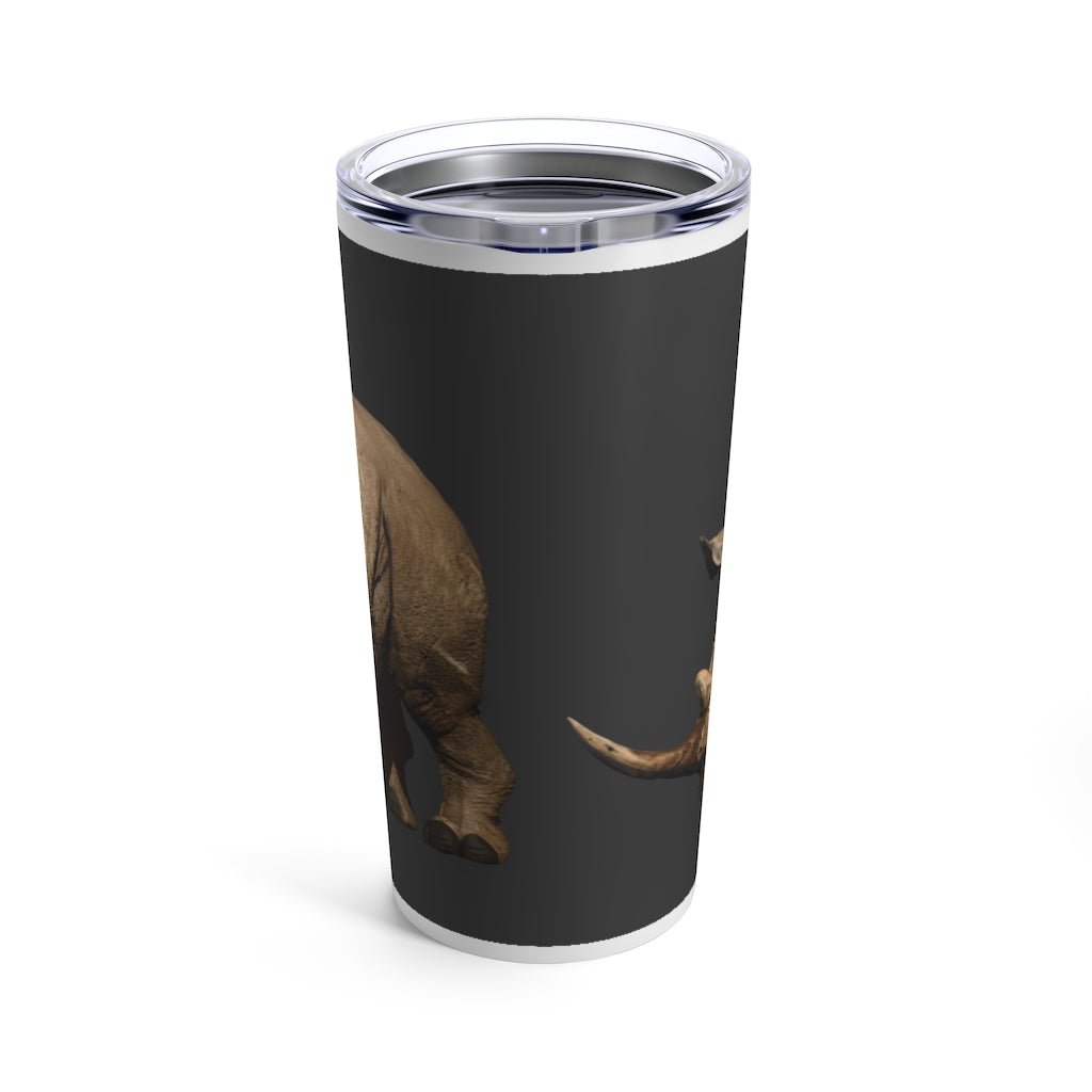 Rhino Tumbler 20oz in stainless steel with a see-thru plastic lid, showcasing its sleek design and rounded corners.