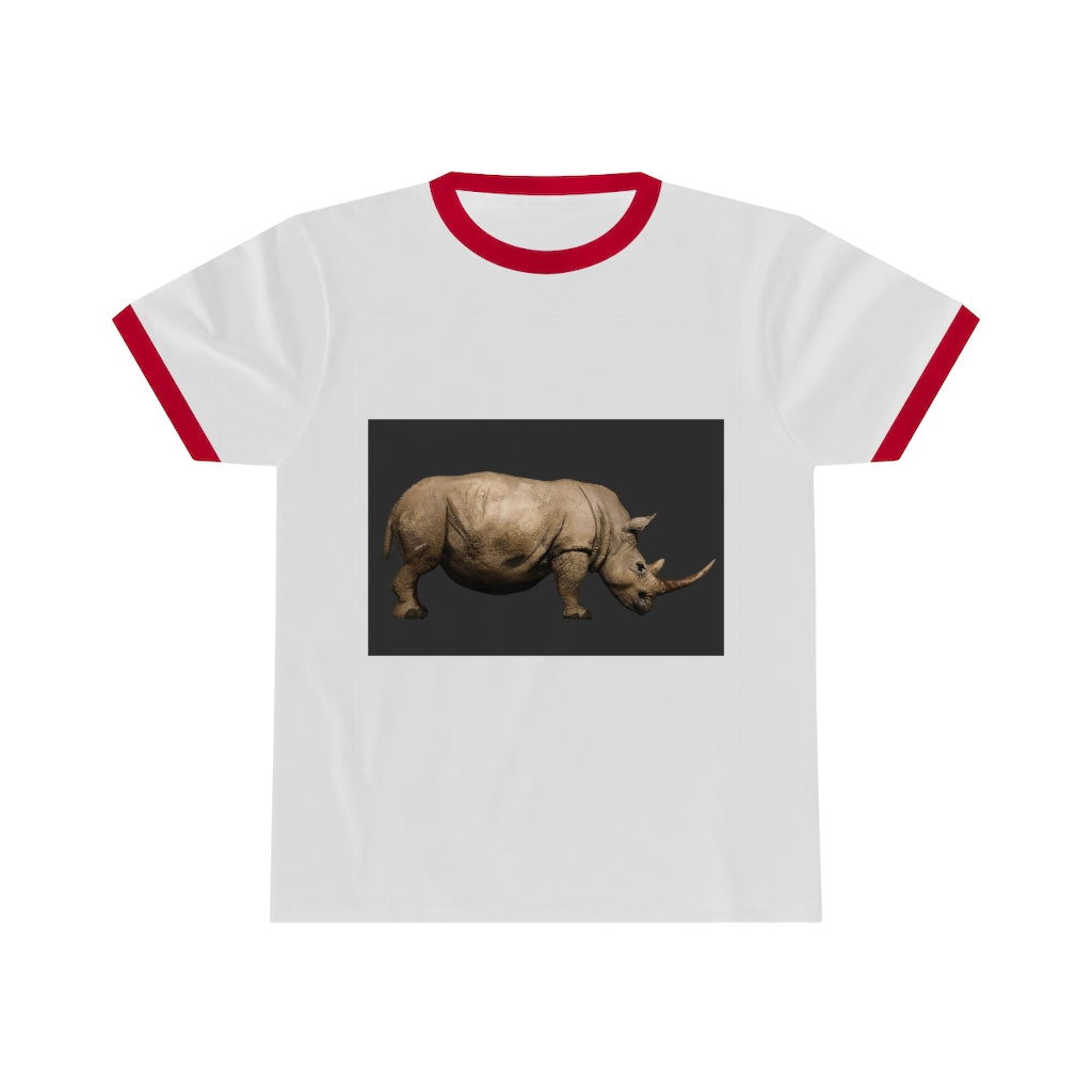 Rhino Unisex Ringer Tee in various colors, showcasing its lightweight fabric and stylish design.