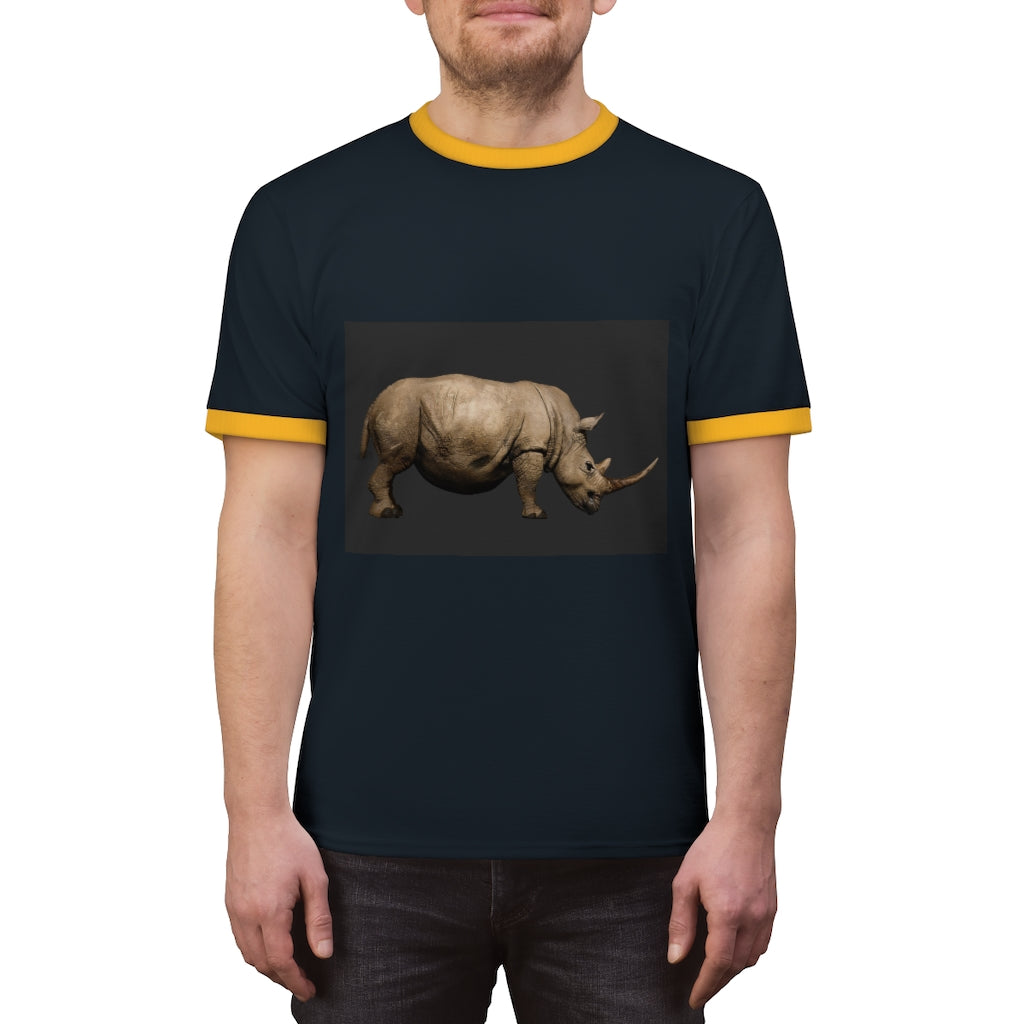 Rhino Unisex Ringer Tee in various colors, showcasing its lightweight fabric and stylish design.