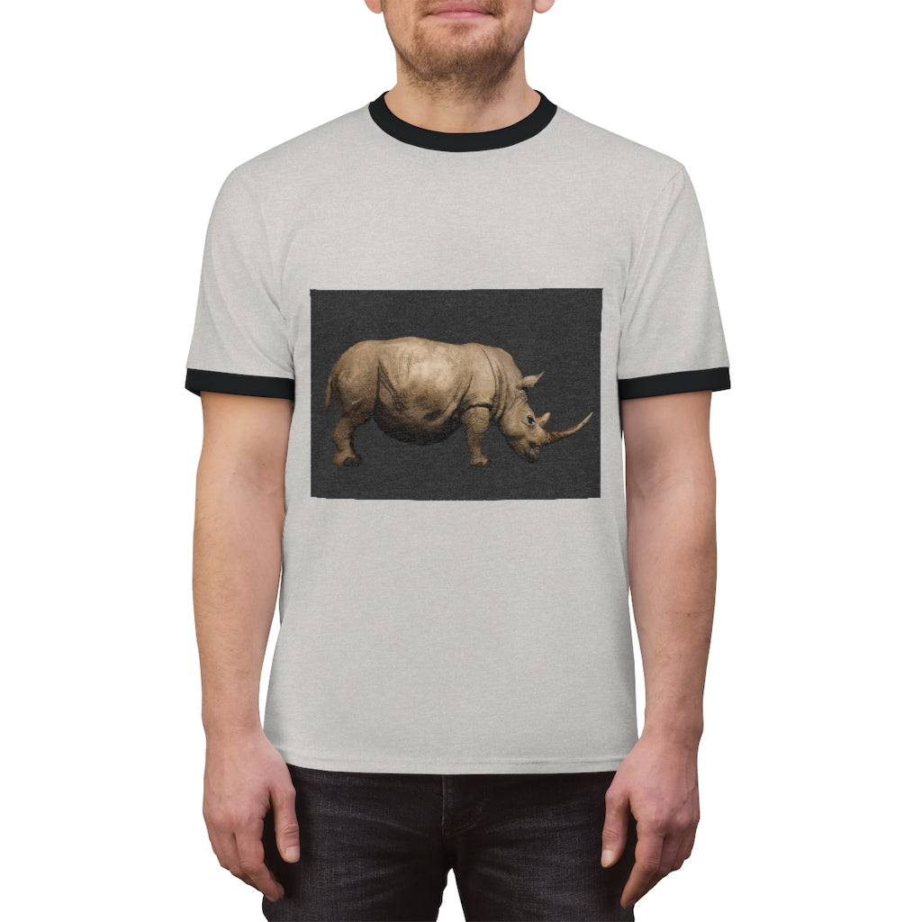 Rhino Unisex Ringer Tee in various colors, showcasing its lightweight fabric and stylish design.