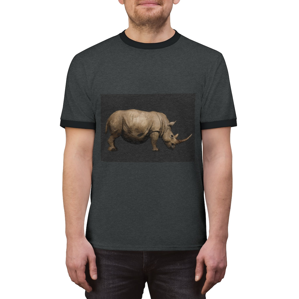 Rhino Unisex Ringer Tee in various colors, showcasing its lightweight fabric and stylish design.